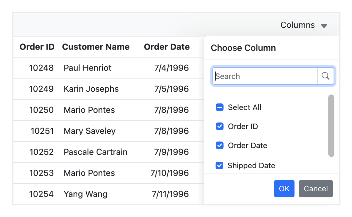 Angular Grid column chooser.
