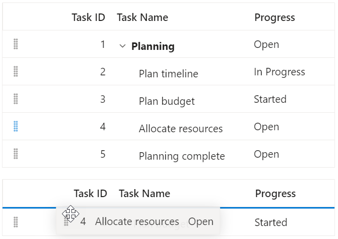 Glisser deposer de lignes dans Angular Tree Grid.