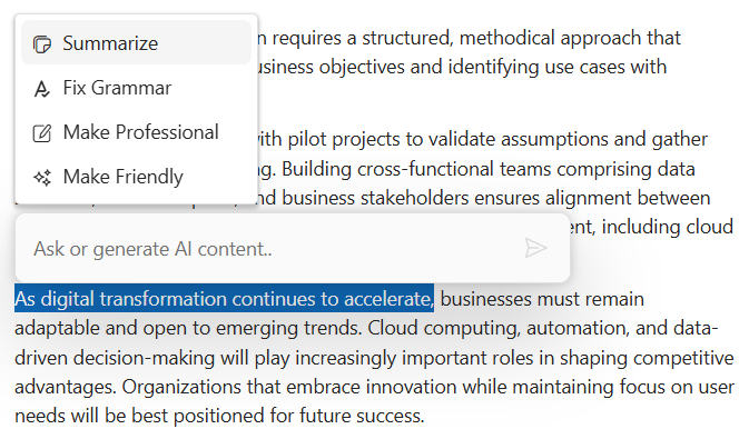 Blazor Inline AI Assist position.
