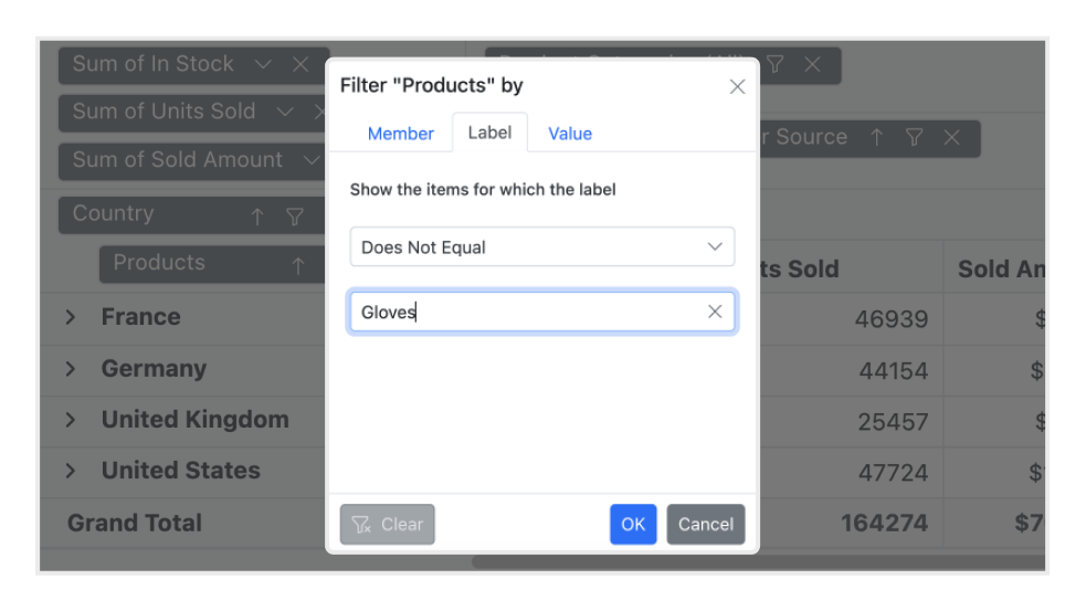 Blazor Pivot Table label filtering.