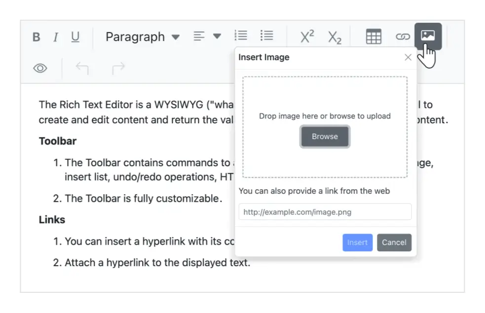 Insert images in Blazor Rich Text Editor.