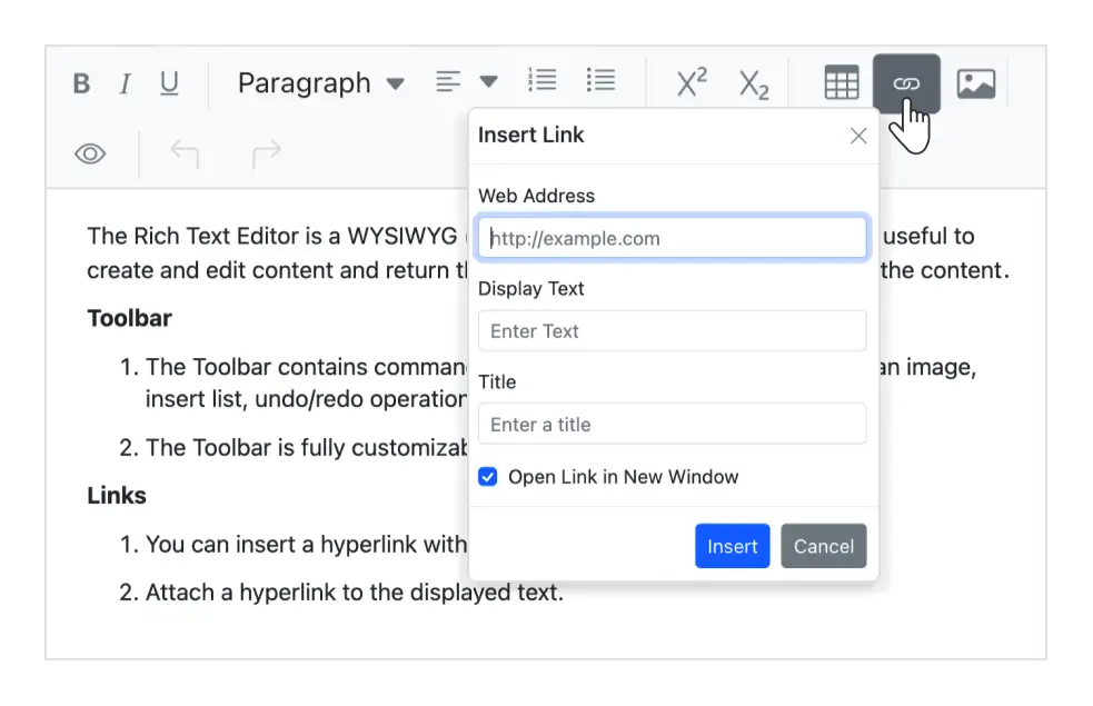 Insert hyperlinks in Blazor Rich Text Editor.