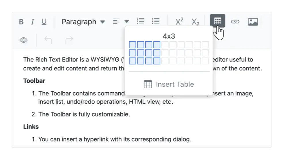 Insert tables in Blazor Rich Text Editor.