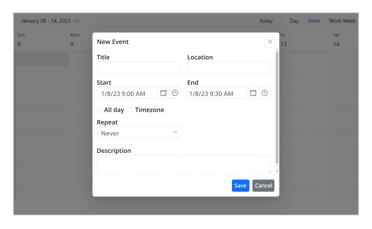 Illustration of Event Editor of Blazor Scheduler control.