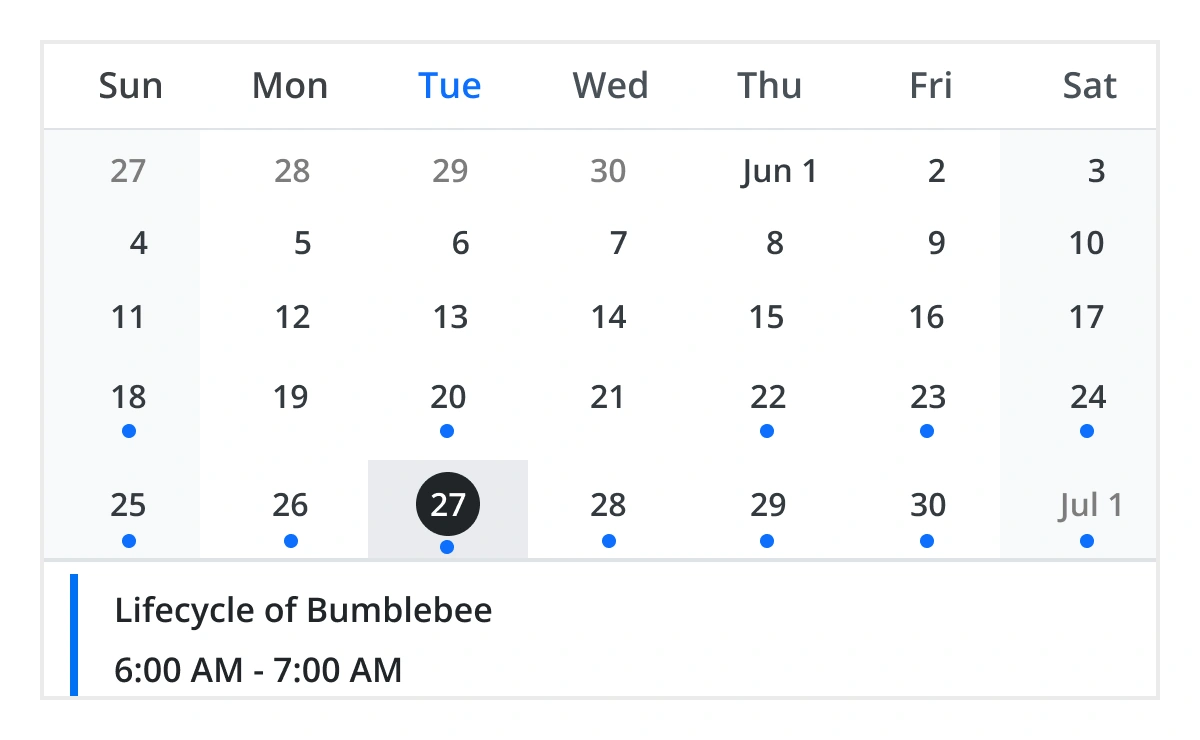Month agenda view in Blazor Scheduler component.
