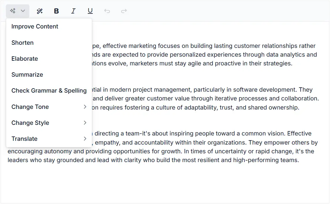 Blazor Smart Rich Text Editor component AI commands.