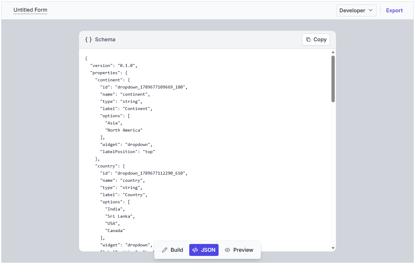 Code view in JavaScript Form Builder.