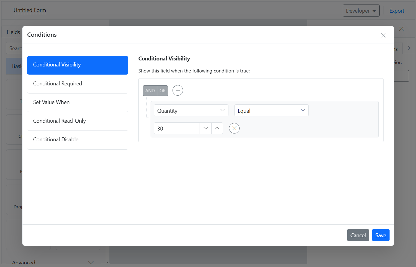 Conditions in ASP.NET Core Form Builder.