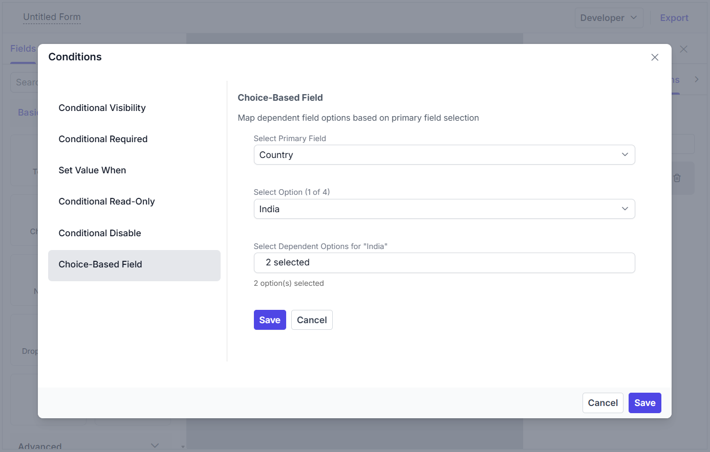 Dependent dropdowns in ASP.NET Core Form Builder.