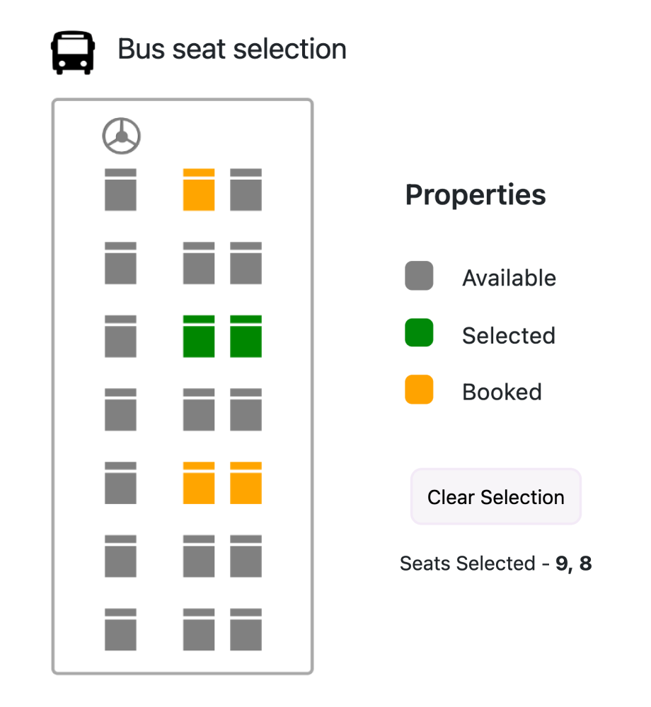 Bus seat selection simulated in ASP.NET Core Maps.