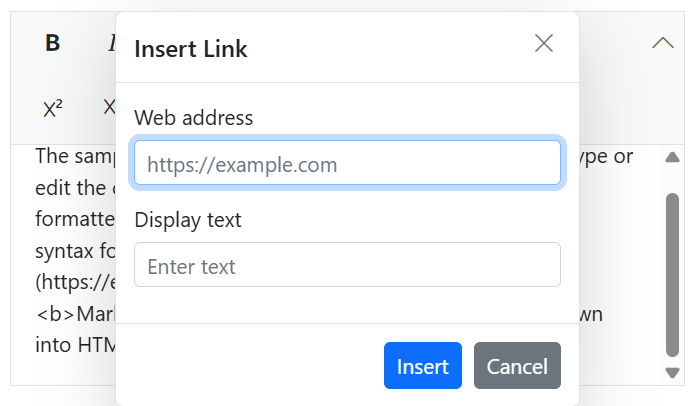 Insert markdown hyperlinks in ASP.NET Core markdown editor.