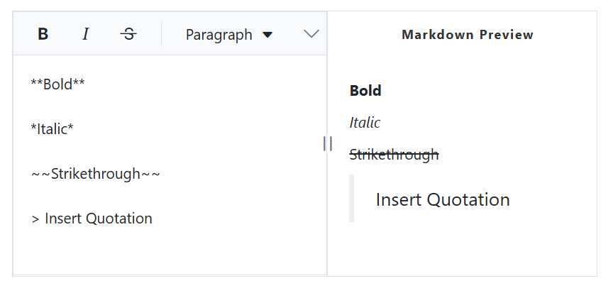 The ASP.NET Core markdown editor text formatting.