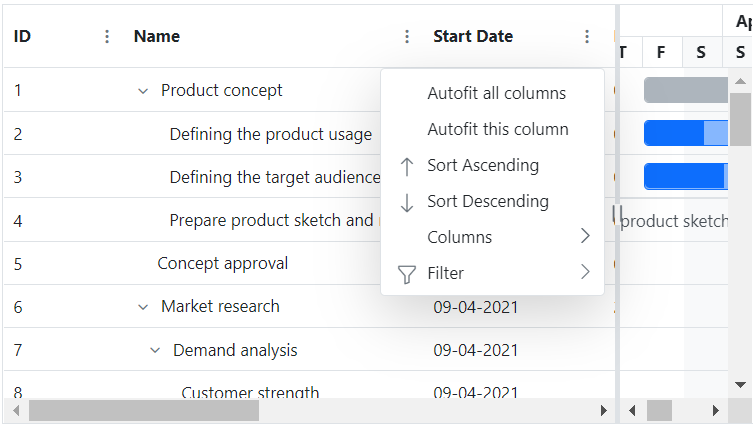 Column menu in Blazor Gantt Chart.