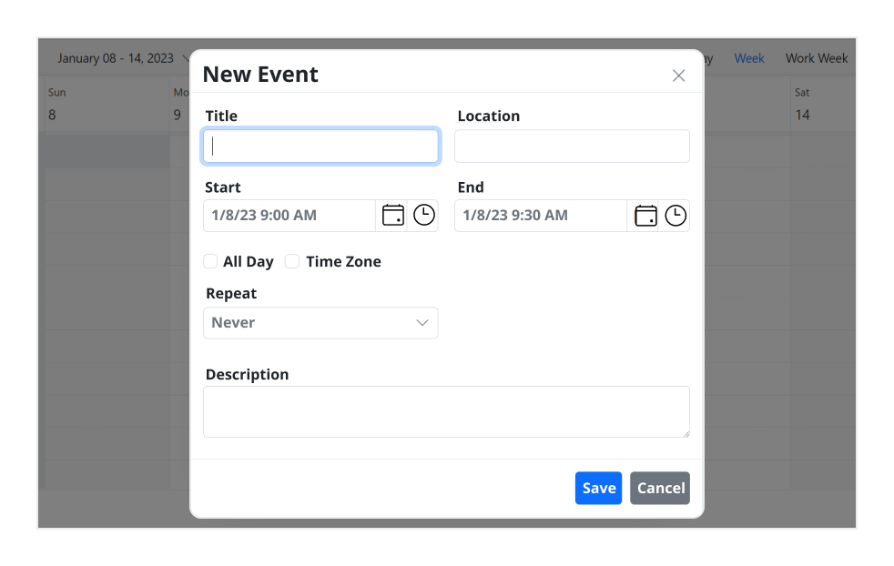 Illustration of event editor of ASP.NET MVC Scheduler.
