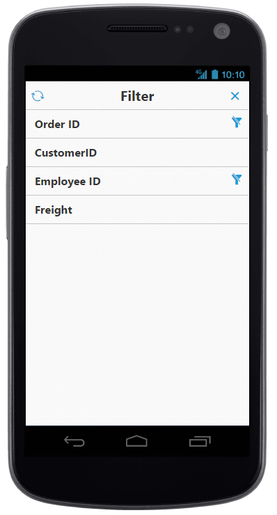 Shown filter dialog in mobile layout