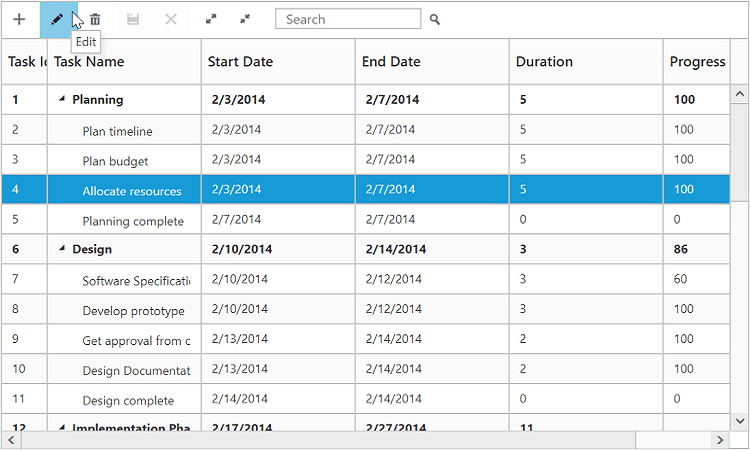 Toolbar support for tree grid