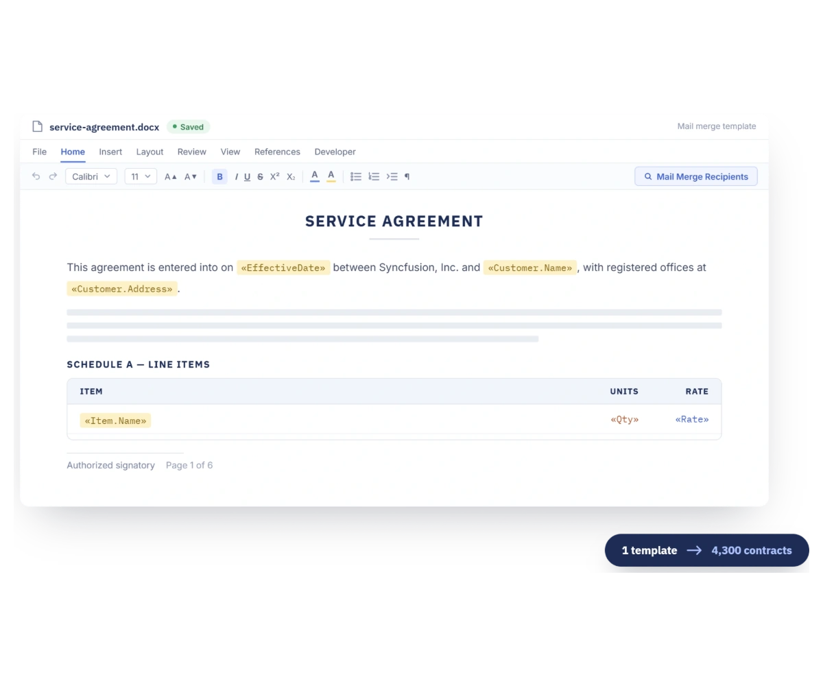 Create Word documents with templates, mail merge, and rich formatting.