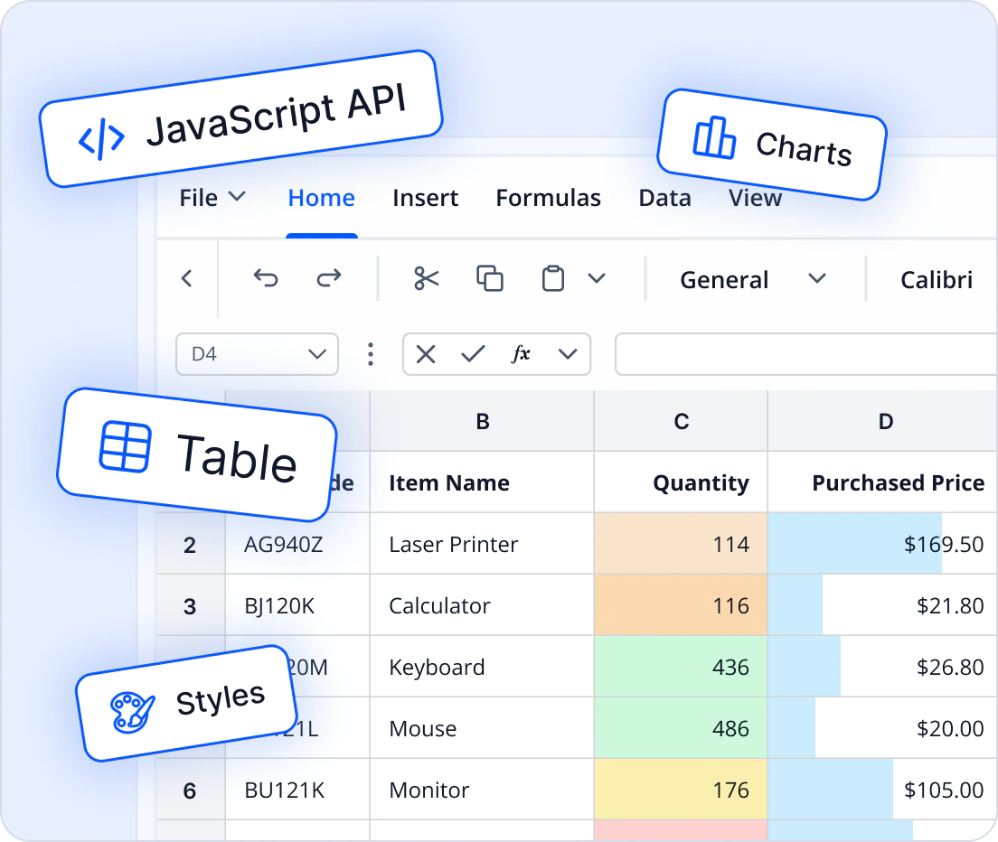 JavaScript Excel Library feature set.