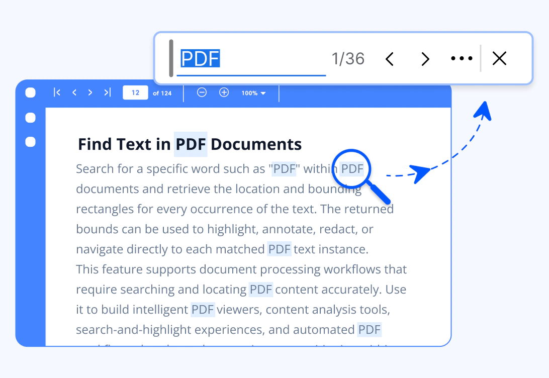 Find text within a PDF document using JavaScript PDF.