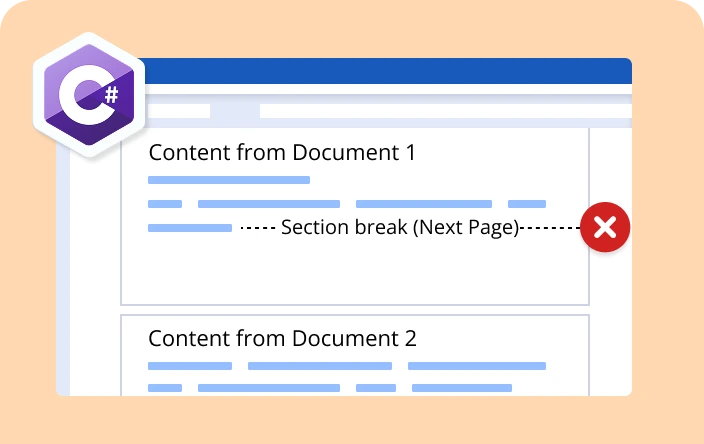 Remove section breaks when merging Word documents in C#