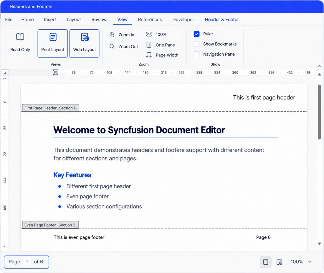Headers and footers in DOCX Editor.