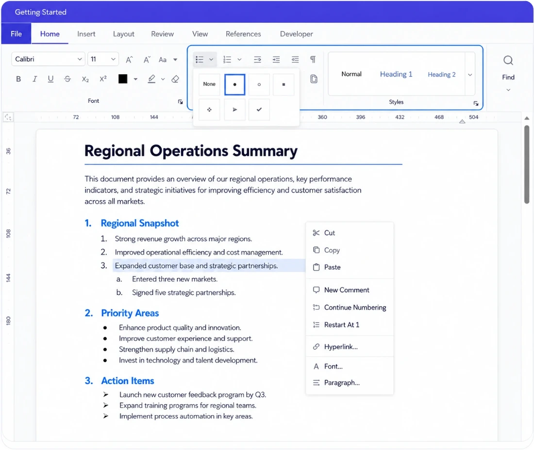 Styes and lists in DOCX Editor.
