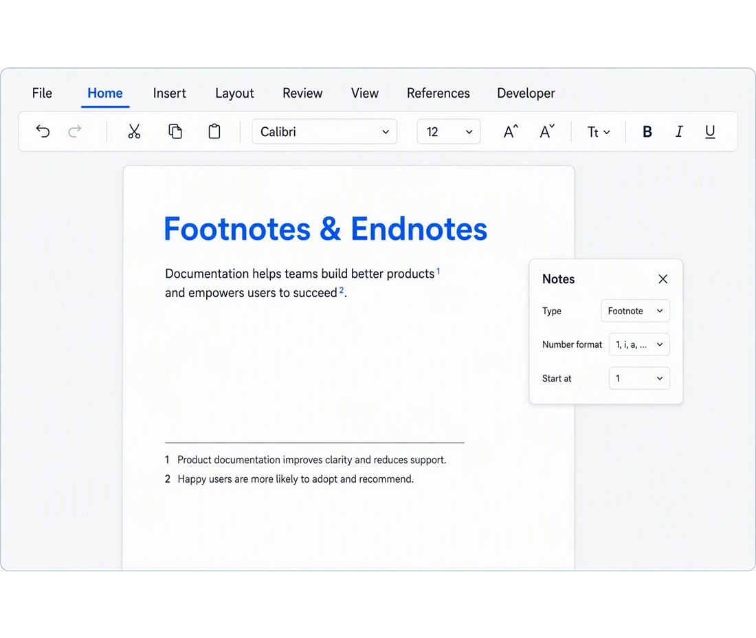 Footnote and endnote in DOCX Editor.