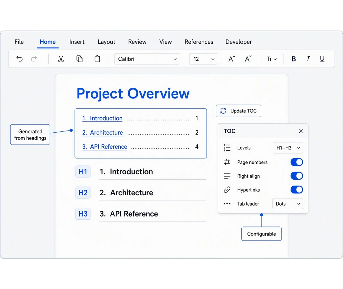 Insert and update a table of contents.