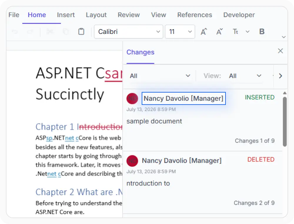 React DOCX Editor track changes with custom metadata