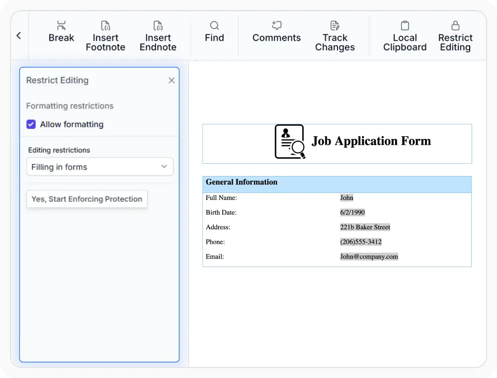 Form-filling protection in React DOCX Editor