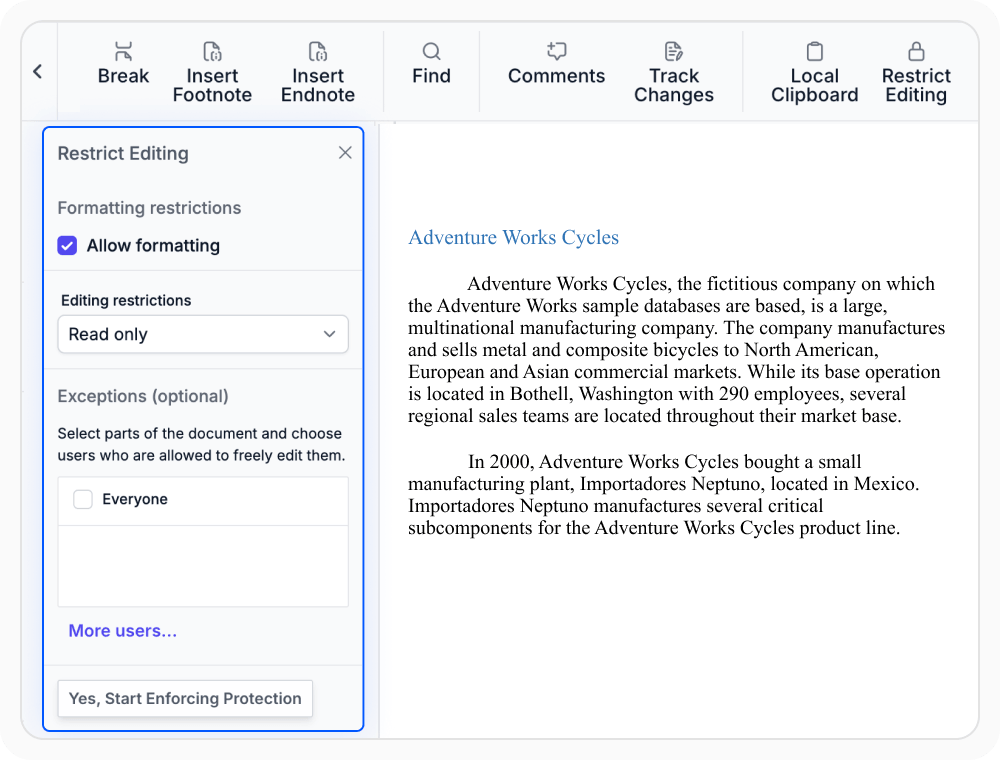 Read-only document protection in React DOCX Editor