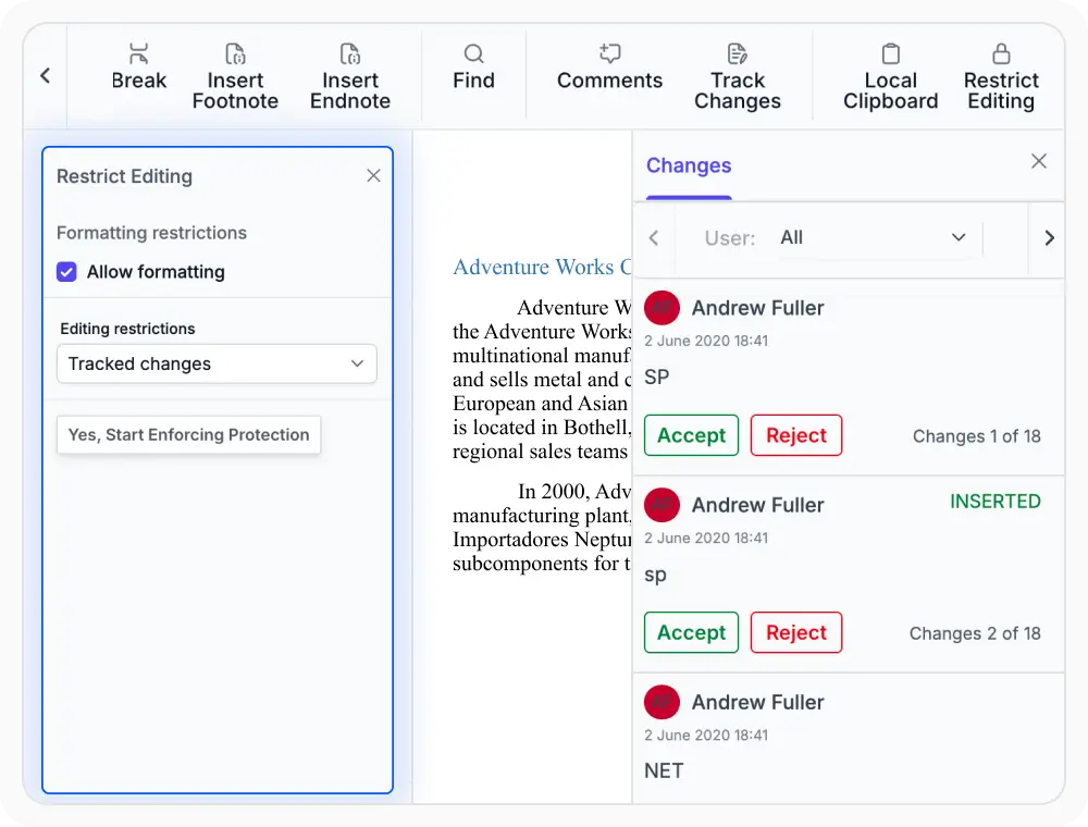 Tracked changes protection in React DOCX Editor