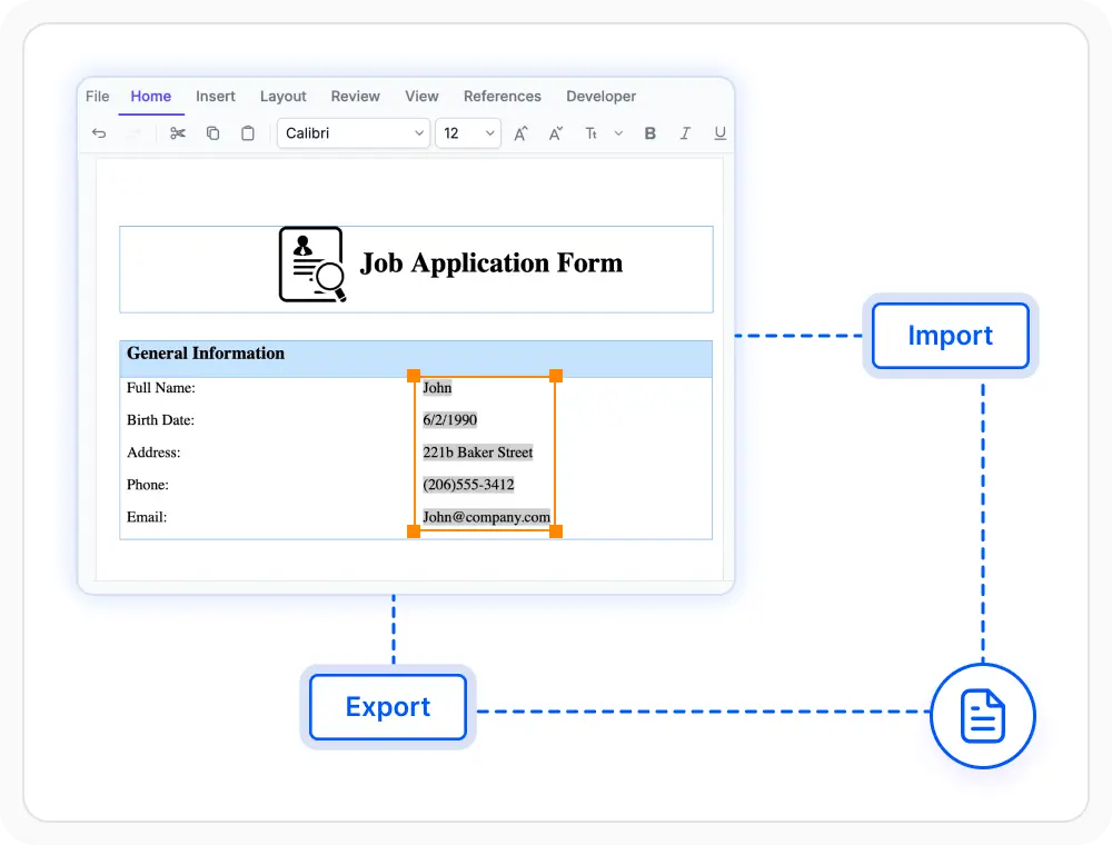 Import and export form data in the React DOCX Editor