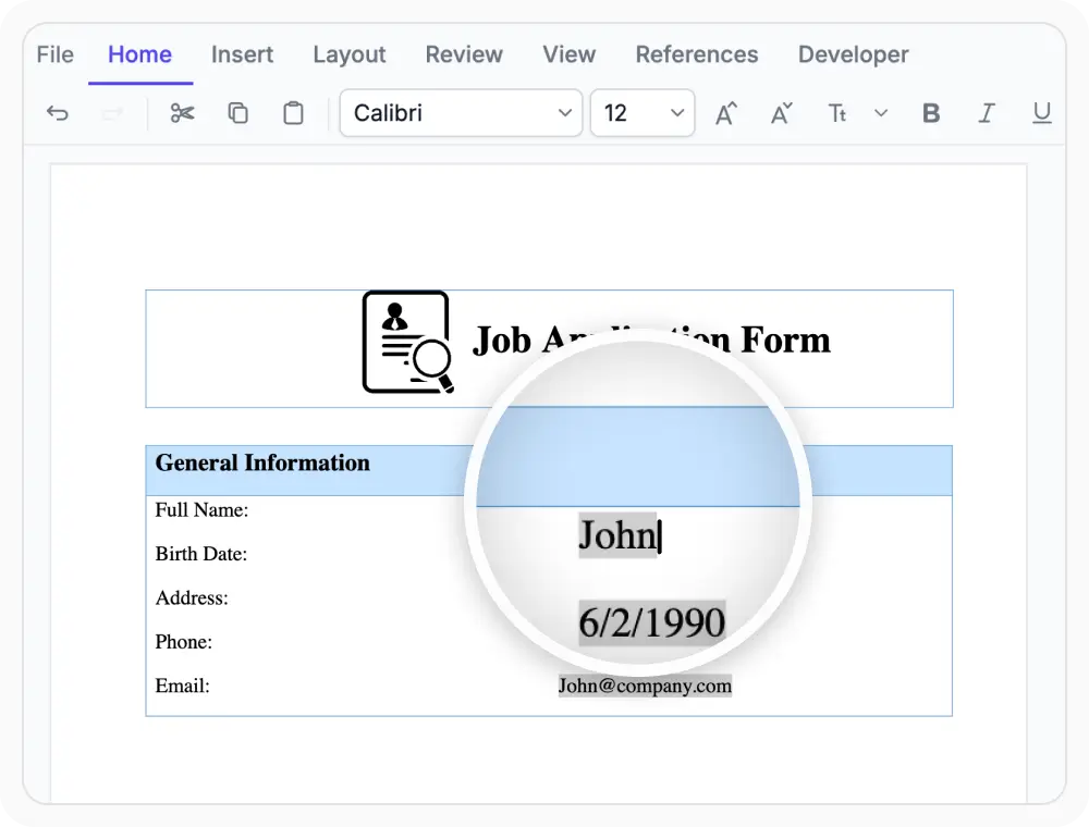 React DOCX Editor inline mode form filling
