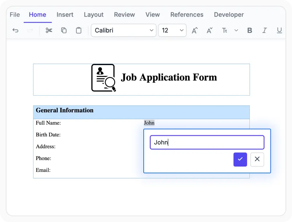 Pop-up mode form filling in React DOCX Editor