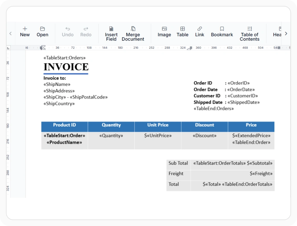 Mail merge template design in the React DOCX Editor