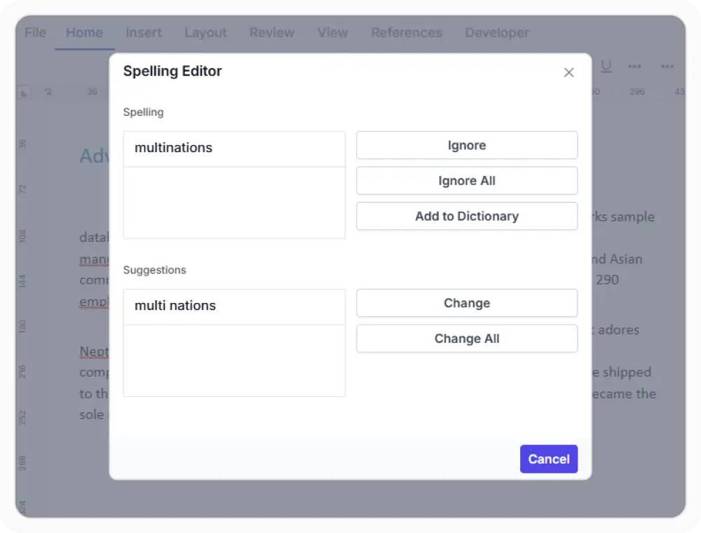 Spell check dialog in React DOCX Editor