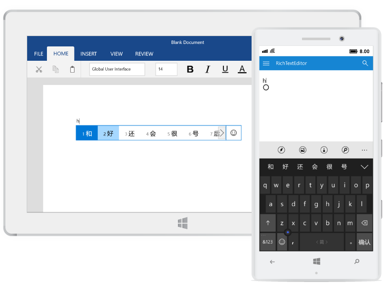 Type various language text in UWP RichTextBox through built-in IME.