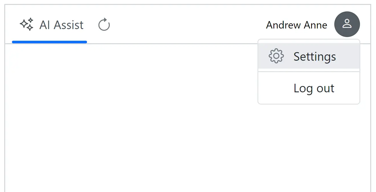 JavaScript AI AssistView header toolbar.