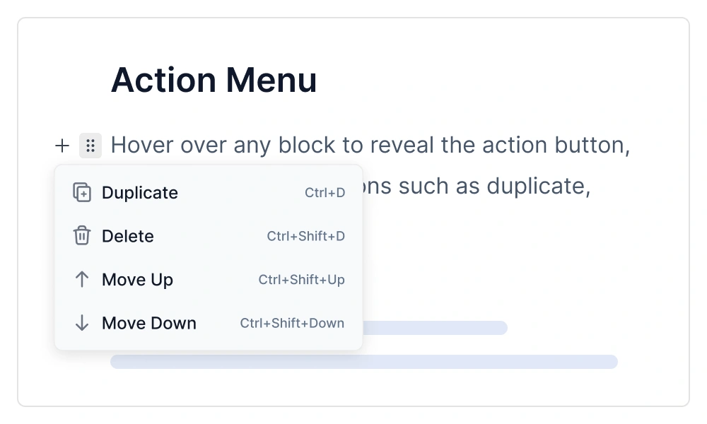 JavaScript Block Editor with action menu