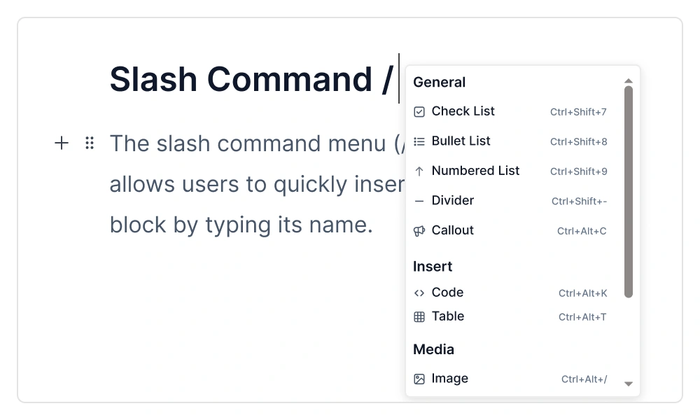 JavaScript Block Editor slash command menu