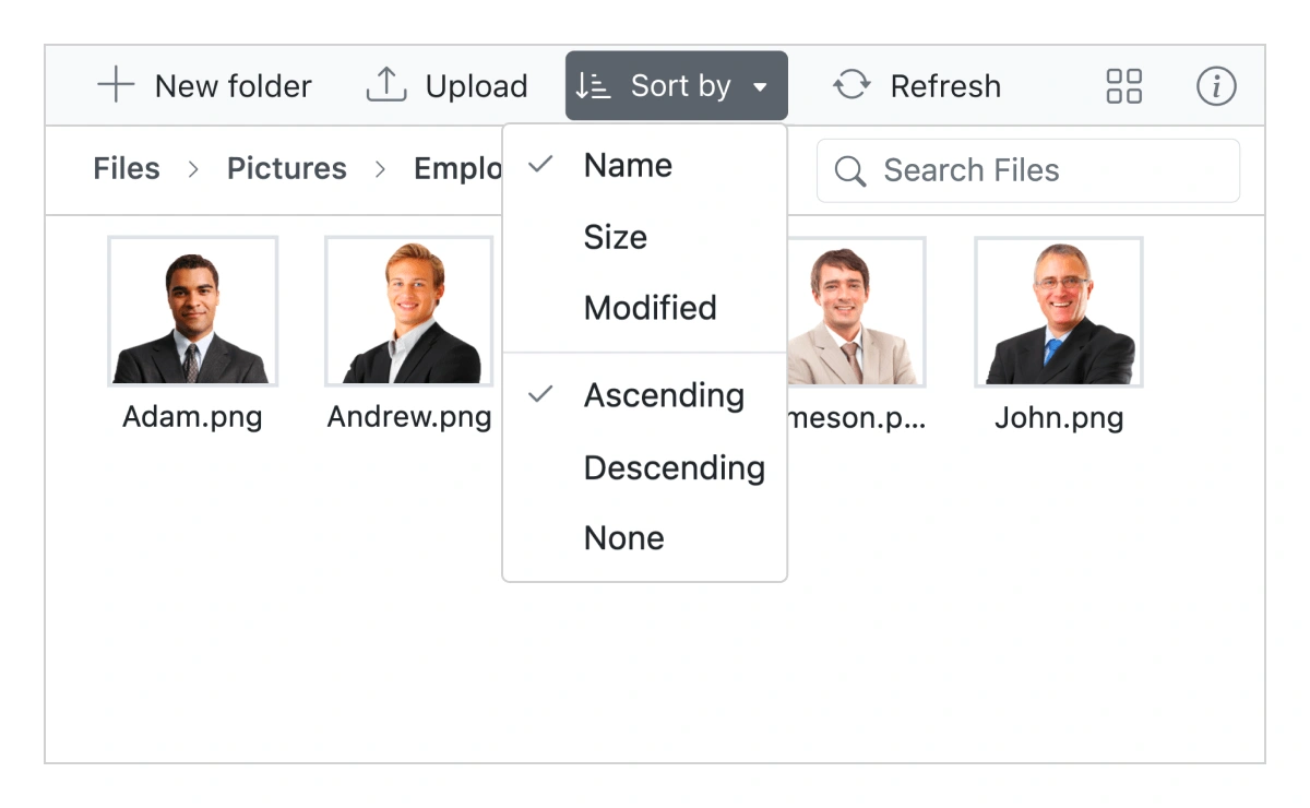 File sorting in JavaScript File Manager.