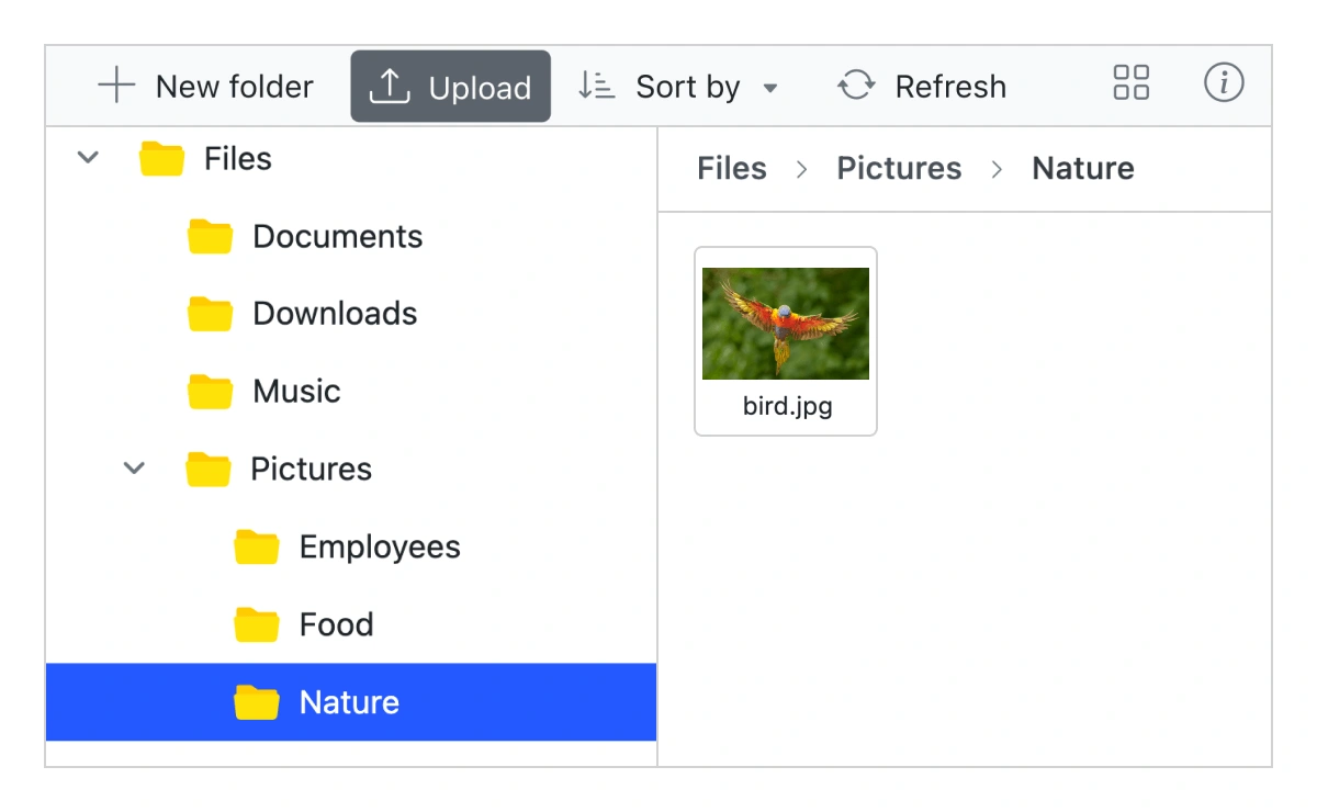 File upload and download in JavaScript File Manager.