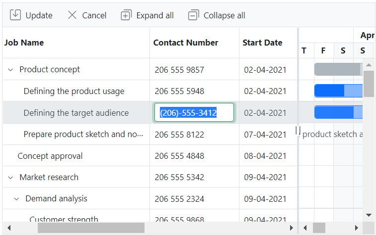 JavaScript Editable Gantt Chart using custom edit UI in grid area.