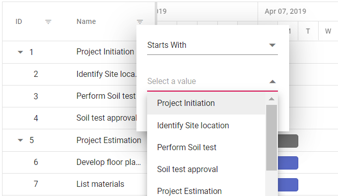 JavaScript Gantt Chart customized filter UI.