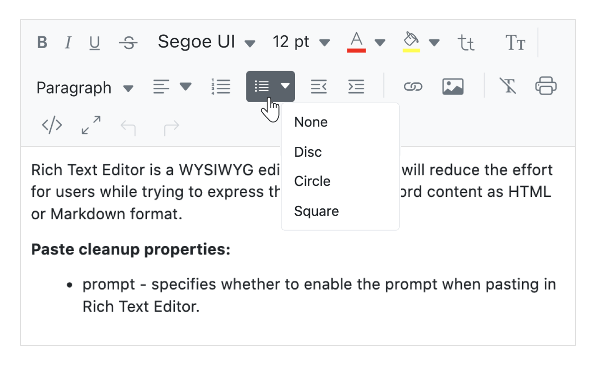 Custom list in JavaScript WYSIWYG HTML editor.