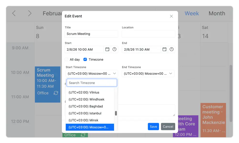 Illustration of time zone support of JavaScript Scheduler.