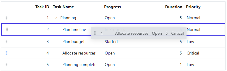 Row drag and drop in JavaScript TreeGrid.