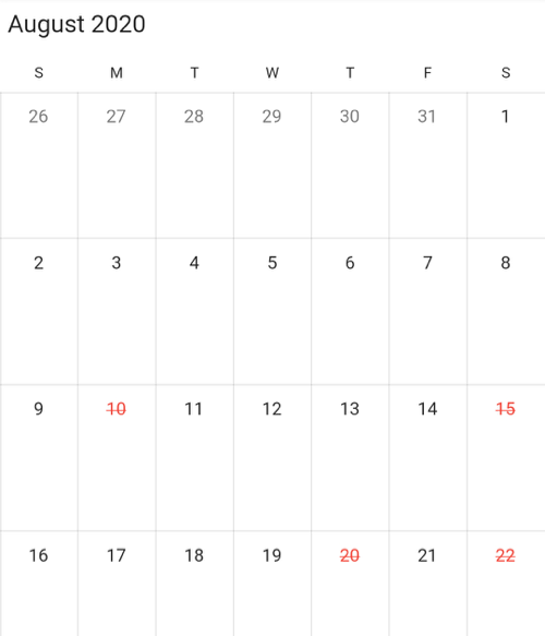Blackout dates in Flutter Calendar.