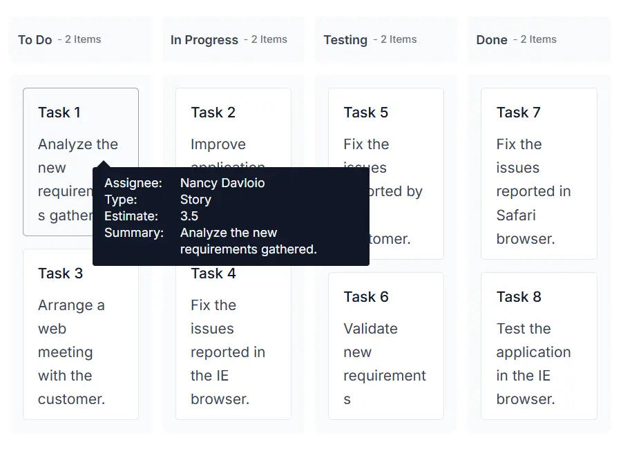 ASP.NET Core Kanban Board Tooltip.